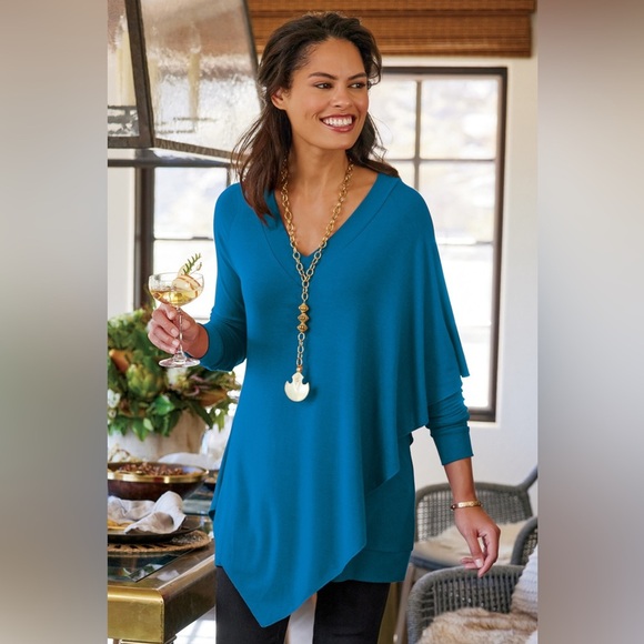Soft Surroundings Tops - Soft Surroundings Blue Asymmetrical V-Neck Tunic Top Long Sleeve NEW